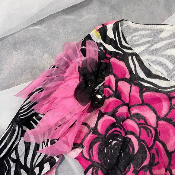 Vintage Italian Brand pink floral micro mesh long sleeve with silk floral trim - Picture 11 of 13